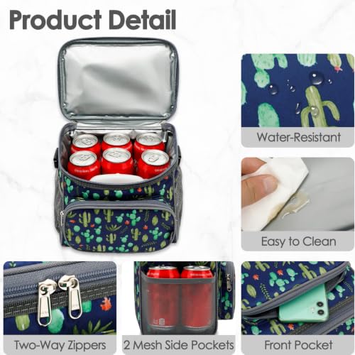 FlowFly Insulated Reusable Lunch Bag Adult Large Lunch Box for Women and Men with Adjustable Shoulder Strap,Front Zipper Pocket and Dual Large Mesh Side Pockets,Cactus - color: Cactus