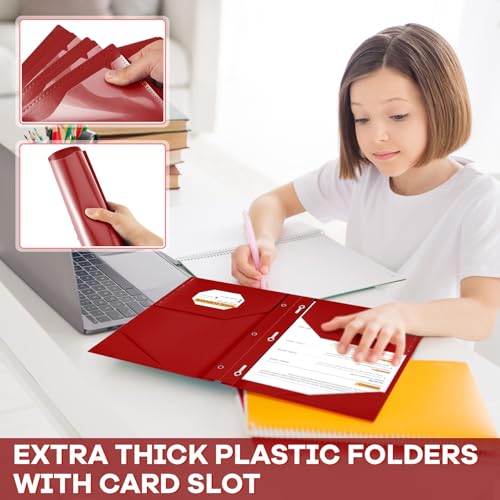 Henoyso 48 Pcs Plastic Folder with Clear Front Pocket and 3 Prongs Heavy Duty Plastic Folders with Card Slot Pocket Folders with Prongs for School Office Home(Dark Red) - color: Dark Red