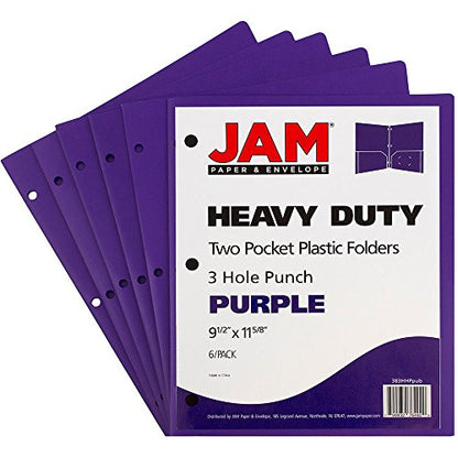 JAM PAPER Heavy Duty Plastic 3 Hole Punch Pocket Folders - Extra Tough School Folders - Purple - 6/Pack - color: Purple, size: 6 Per Pack