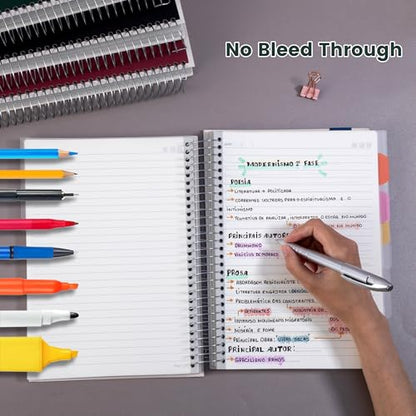 5 Subject Notebook College Ruled Spiral Notebook with Divider Tabs 300Page | Thick 100GSM paper offers smooth writing,inner pocket stores loose papers and notes,perfect for school,office and planning - color: Green