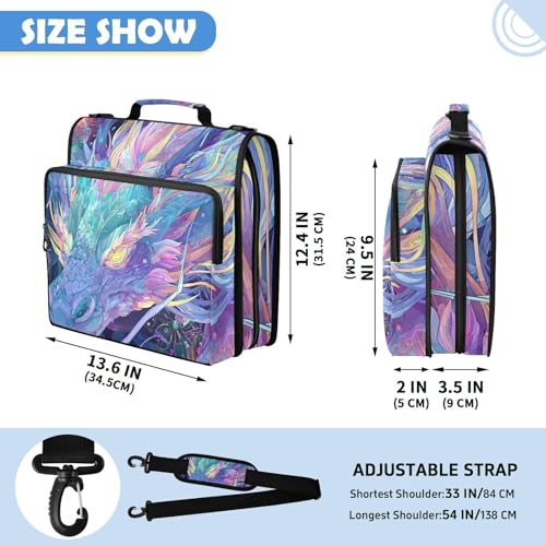Dragon Head Zipper Binder Bag 3 Ring Binder with Shoulder Strap Zip Multi Pockets Portfolio Bags Capacity Up 500 Sheets for School Office Supplies - color: Glowing Pastel Dragon Head Nebula Artwork