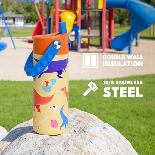 Elemental Insulated Kids Water Bottle, Stainless Steel Water Bottle with Straw Lid & Pop-It Handle, Leak-Proof Water Bottles for School, Boys or Girls, Travelling and Sports, 18oz - Dino Rage - color: Dino Rage