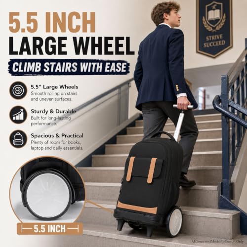KLFVB Rolling Backpack with Big Quiet-Glide Wheels, 3-in-1 Wheeled Commuter Set with Lunch Bag | Water-Resistant Roller Bag for Men & Women, Work, Travel, School - Black