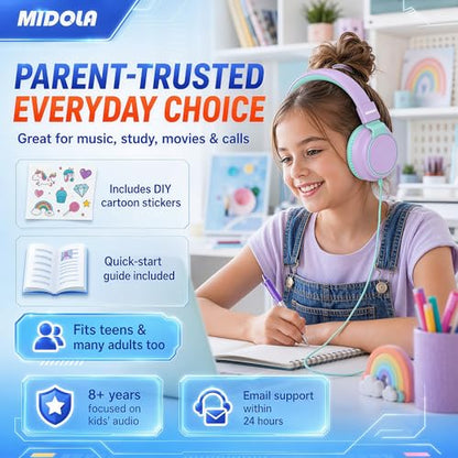 MIDOLA Kids Headphones for School Learning,Volume Limited 85/94dB, Foldable Lightweight Over-Ear Wired Headphones for Kids Toddler Girls Boys 3.5mm for Pad,Headsets with Built-in Mic Light Purple - color: LightPurple