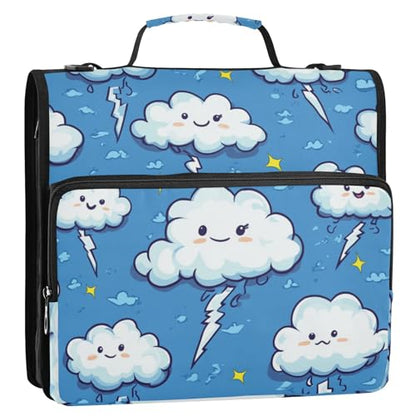 Cute Thunders Cloud Blue Zipper Binder 3 Ring 1.5 Inch School Binder Organizer with Shoulder Strap Handle File Folder Pockets Large Capacity Students Girl Boy Men Office Work - color: Cute Thunders Cloud Blue