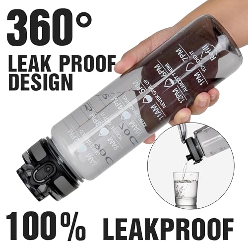 OLDLEY Water Bottle, 32oz Motivational Sports Water Bottle with Time Marker - Times to Drink - Tritan, BPA Free, Wide Mouth Leakproof,Smoke Grey - color: Smoke Grey