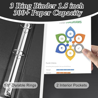 CIXILDTS 1.5-inch Round Ring Binder, 1-1/2" 3 Ring Binder Fit Letter Size Paper, Presentation View Binders, Black, 6-Pack - color: Black, size: 1.5", style: 6-Pack