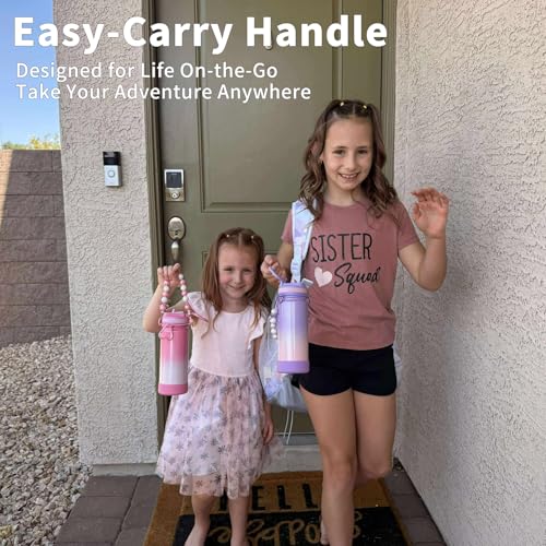 Mininoo Kids Water Bottle for School - 16 oz Stainless Steel Insulated Water Bottle with Ceramic-Lined, Leakproof Straw Lid & Beaded Handle for Girls & Boys - color: Sparkle Lavender