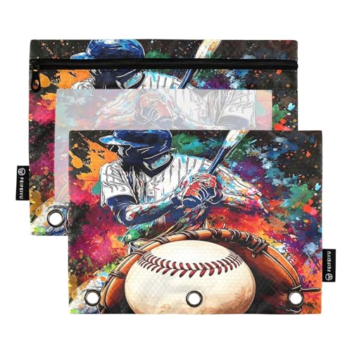 2 Pack Pencil Pouch for 3 Ring Binder Baseball Player Pencil Case Pouch with Clear Window Zipper Binder Pencil Pouches Pen Bag for Office School Supplies - color: Baseball Player