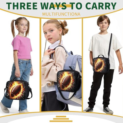 Fire American Football Lunch Box for Boys Girls Black Lunch Bag with Shoulder Strap for Kids Teens Durable Large Capacity Insulated Lunchbox Thermal Meal Bag for School Picnic - color: A-S-American football