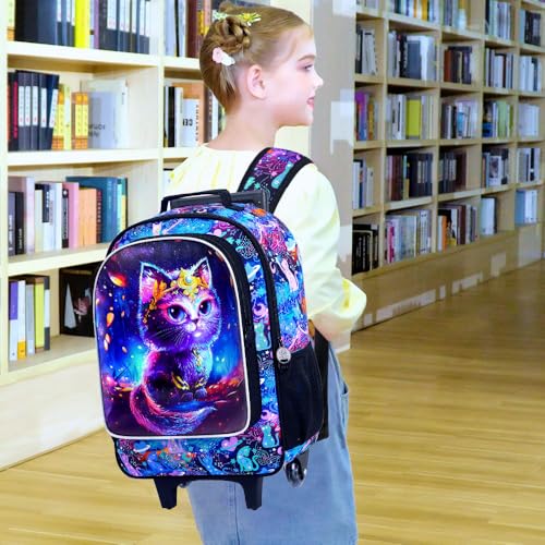 CCJPX 3PCS Rolling Backpack for Girls, Kids Cat Roller Wheels School Bookbag with Lunch Bag, Wheeled School Bag for Toddler Elementary Children - color: Black Cat