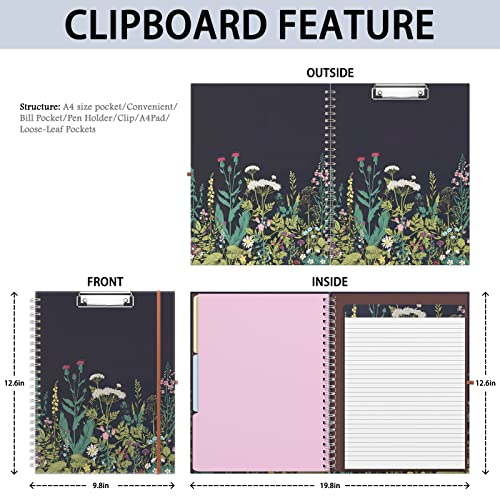 Rimilak Spiral Clipboards Folio with Refillable Lined Notepad, 14.5 x 9.8 In, Hardcover Cover with 5 Interior Pockets, Elastic Band and Pen Loop Series. Cute Stylish Clipfolio, Daisy Flower - color: Daisy Flower