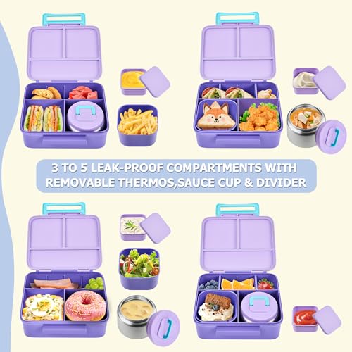 Bento Lunch Box for Kids with Thermo, Leakproof Bento Box with 8oz Insulated Food Jar, Insulated Bottle, Lunch Bag, BPA Free Dishwasher Safe 4 Compartment Container for School Girls Boys (Purple) - color: Purple