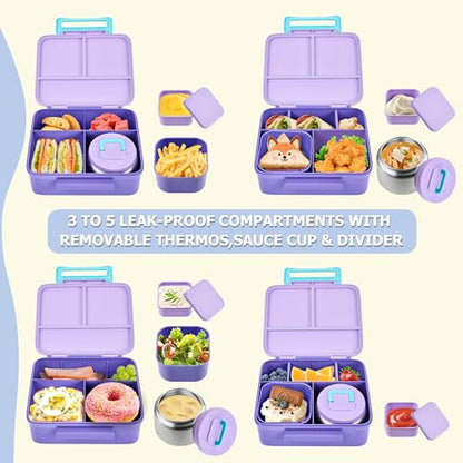 Bento Lunch Box for Kids with Thermo, Leakproof Bento Box with 8oz Insulated Food Jar, Insulated Bottle, Lunch Bag, BPA Free Dishwasher Safe 4 Compartment Container for School Girls Boys (Purple) - color: Purple