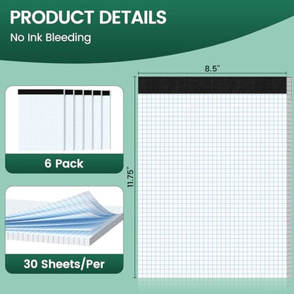 Graph Paper 8.5 X 11, 6 Pack, 4x4 Quad Ruled, Grid Paper Pad 8-1/2" X 11", Grid Pad 8.5 X 11.75, Engineering Notebook, Easy Tears Off, White 70 Gsm Graft Paper - style: 6 Pack