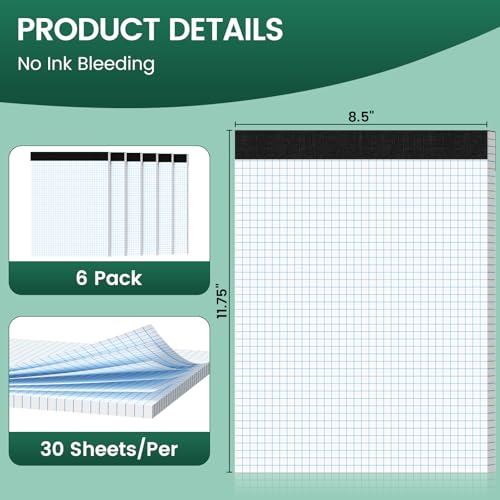 Graph Paper 8.5 X 11, 6 Pack, 4x4 Quad Ruled, Grid Paper Pad 8-1/2" X 11", Grid Pad 8.5 X 11.75, Engineering Notebook, Easy Tears Off, White 70 Gsm Graft Paper - style: 6 Pack