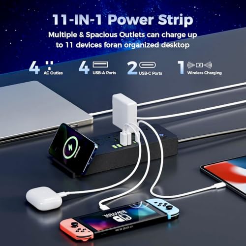 Universal Power Strip with 4 AC Outlets, 4*USB-A & 2*USB-C Ports, Fast Wireless Charging Stand, Surge Protector Extension Cord, Overload Protection Multi-Device Charging Station for Home & Office