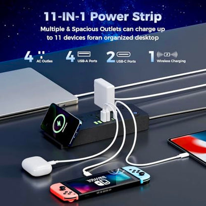 Universal Power Strip with 4 AC Outlets, 4*USB-A & 2*USB-C Ports, Fast Wireless Charging Stand, Surge Protector Extension Cord, Overload Protection Multi-Device Charging Station for Home & Office