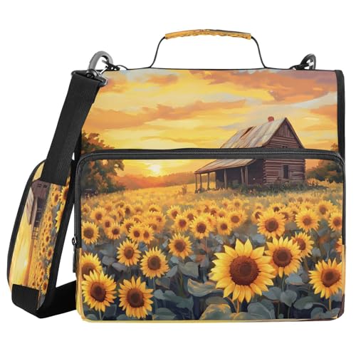 3 Ring Zipper Binder Wooden House Sunflower Binders Bag with Shoulder Strap 500 Sheets Paper Organizer Trapper Keeper Documents Storage File Folder for School Office - color: A496