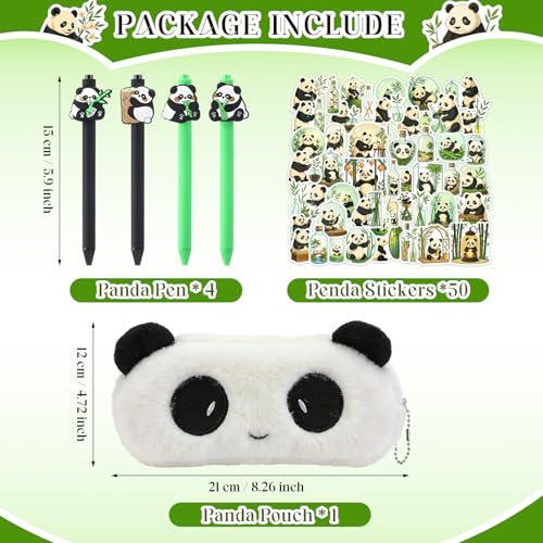Cute Panda Stationery Set - Fluffy Plush Pencil Case, 4pcs Retractable Gel Pens (Black Ink) & 50pcs Kawaii Panda Stickers - Aesthetic School Supplies Gift for Girls, Teens, and Kids