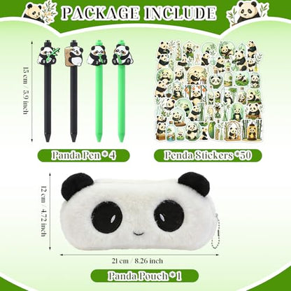 Cute Panda Stationery Set - Fluffy Plush Pencil Case, 4pcs Retractable Gel Pens (Black Ink) & 50pcs Kawaii Panda Stickers - Aesthetic School Supplies Gift for Girls, Teens, and Kids