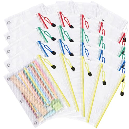 24 Pcs 7x10 Inch Pencil Pouch for 3 Ring Binder, Mesh Zipper Binder Pouches, Waterproof Clear Pencil Bags Bulk, Multi-Color Back to School Cash Envelopes(White) - color: White