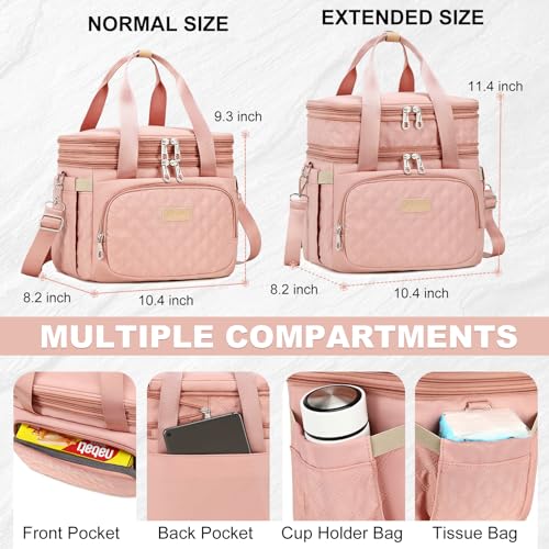 AIJIEKE Lunch Bag for Women, Insulated Double Deck Work Lunch Box, Pink | Durable, leakproof thermal cooler tote. Double compartment, expandable pockets, strap. For travel meal prep, beach, picnic - color: Pink