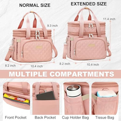 AIJIEKE Lunch Bag for Women, Insulated Double Deck Work Lunch Box, Pink | Durable, leakproof thermal cooler tote. Double compartment, expandable pockets, strap. For travel meal prep, beach, picnic - color: Pink