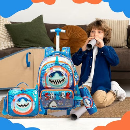 Kids Rolling Backpack with Wheels for Boys Elementary Students Kids Shark Travel Luggage Carry on School Backpack for Boys Ages 6-8 - color: 01 Shark