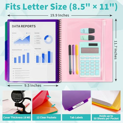 Binditek 12-Pocket Poly Project Organizer, 6 Dividers, Pink | Multi Pocket Folder, Heavyweight Poly Cover, Clear Front Pocket, 1/3-Cut Tabs, Fixed Zipper Pouch, Letter Size - color: Pink