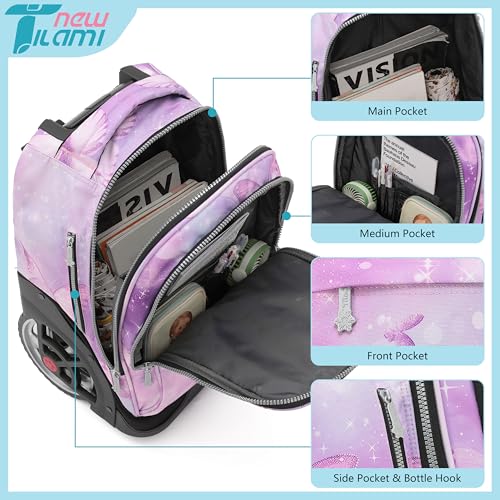 NEW TILAMI 19 inch Rolling Backpack Teens Rolling Backpack Cute Wheeled Laptop Backpack Bookbag Roller Travel Bag College, Evening Butterfly (No USB interface) - color: Purple Butterfly