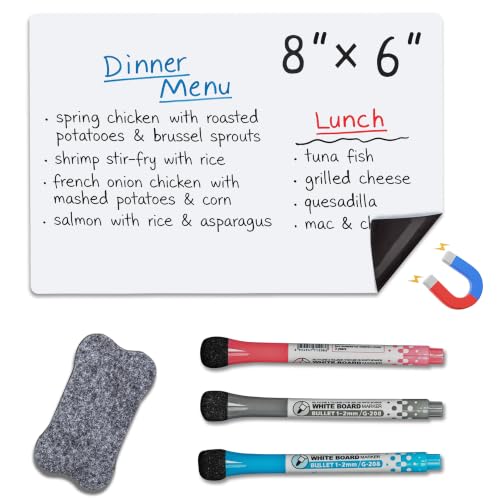 8x6 Inch Magnetic Whiteboard for Refrigerator with Black, Red and Blue Fine Tip Dry Erase Markers with Built in Dry Erasers for Grocery List/Weekly Menu/to Do & Family Notes Planner