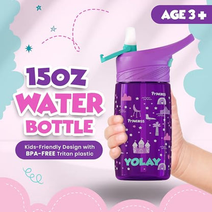 YOLAY 15oz Kids Water Bottle For School Boys and Girls, Durable Toddler Water Bottle with Straw Lid Leak-Proof, Spill Proof, Easy Clean and Dishwasher Safe with Re-Usable and BPA Free - Princess - color: Princess