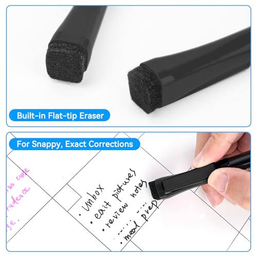 maxtek Magnetic Black Dry Erase Markers with Eraser, Ultra Fine, 6 Count | Low Odor 0.7mm Extra Fine Whiteboard Markers for Planning Whiteboards and Calendar Boards