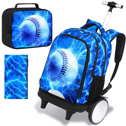 KLFVB Big Quiet-Glide Wheels Wheeled Backpack, 3-in-1 Rolling Bookbag Set with Lunch Bag | Water-Resistant Roller Bag for Boys, School, Travel, Play - Lightning Baseball - color: Big Wheels Rolling Backpack - Lightning Baseball