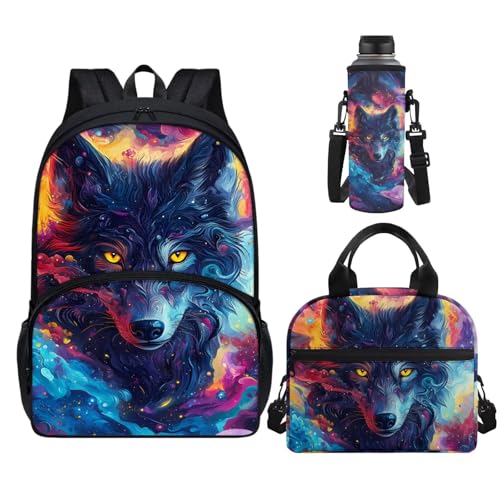 Horeset Aesthetics Wolf School Bags Set for Girls Boys Kids Teens Travel Backpack with Picnic Lunch Box Water Bottle Bag Set of 3 Large Capacity Bookbag Rucksack for Primary Elementary School Student - color: Aesthetics Wolf