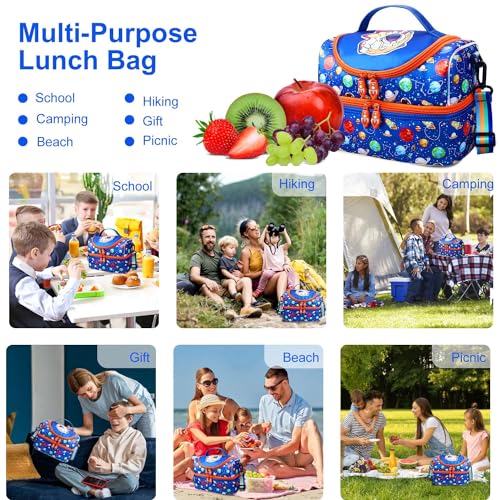 RHCPFOVR Kids Lunch Bag - Double - Decker Cooler Insulated Lunch Box for Boys Girls,Washable Lunch Bag with Strap and Reusable Toddler Lunchbox for School and Daycare - color: Royal Blue Space