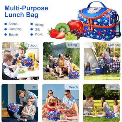 RHCPFOVR Kids Lunch Bag - Double - Decker Cooler Insulated Lunch Box for Boys Girls,Washable Lunch Bag with Strap and Reusable Toddler Lunchbox for School and Daycare - color: Royal Blue Space