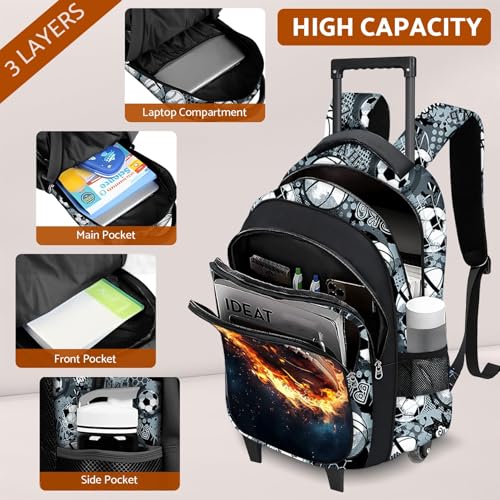 Boys Rolling Backpack for Kids - American Football Kids Rolling Backpack with Wheels for Elementary Middle School Students - Roller School Bookbag Aged 6-18, Wheeled Travel Bag Large Capacity - color: Football-002-backpack Only