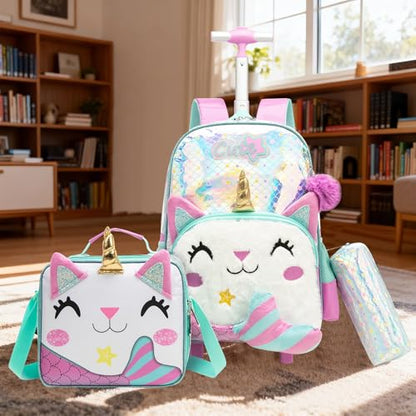 Rolling Backpack for Kids Girls 8-12,Lightweight Backpack with Wheels,Mermaid Wheeled School Backpack with Pencil Case Lunch Box for Elementary Middle School - color: White Mermaid