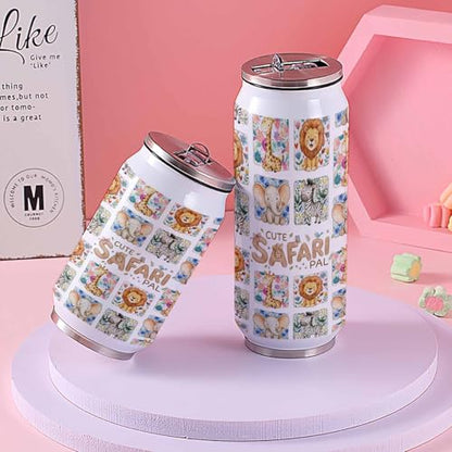 Cute Safari Pal 10oz Stainless Steel Tumbler with Lid & Straw-Double Wall Vacuum Insulated Travel Mug Cute Giraffes Elephants Flowers Check Water Bottle Coffee Beverage Drinks Cup - size: 10 Ounces