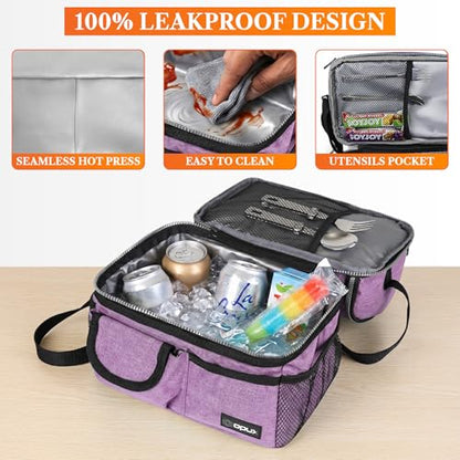 opux Insulated Lunch Bag Women Men, Dual Compartment Leakproof Lunch Box Adults Kids, Double Decker Meal Prep Bento Lunch Cooler Tote with Shoulder Strap for Work Office School Travel, Purple - color: Heather Purple