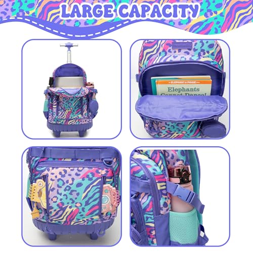 Kids Rolling Backpack Set with Lunch Bag,School Backpack for Girls with Wheels,Leopard Pattern Travel Backpacks for Kids Christmas Birthday Gift for Girls Ages 6-12 - color: Blue Purple Leopard