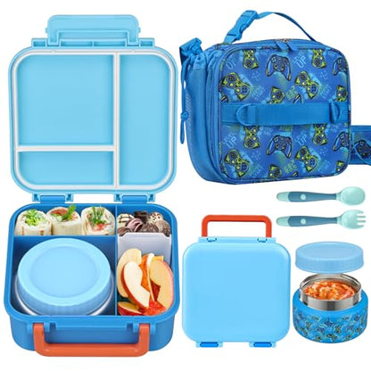 Kids Lunch Box Set with Bento Box, 9oz Stainless Steel Thermo & Insulated Lunch Bag – Hot & Cold Leakproof Lunch Container with Utensils for School & Travel - color: Blue Gamed