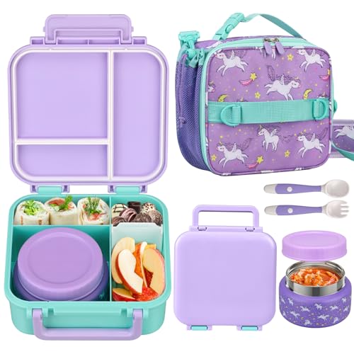 Kids Lunch Box Set with Bento Box, 9oz Stainless Steel Thermo & Insulated Lunch Bag – Hot & Cold Leakproof Lunch Container with Utensils for School & Travel - color: Purple Unicorn