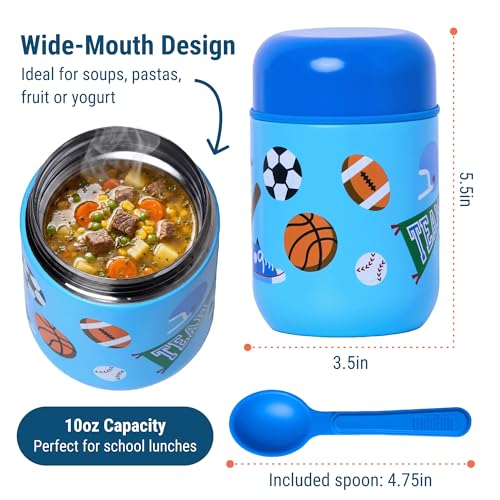 Wildkin Kids 10 oz Insulated Food Jar, Game On | Wide-mouth 10 oz jar keeps food hot up to 5 hrs and cold up to 7 hrs · includes two folding spoons · stainless steel interior - color: Game On