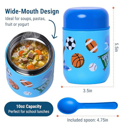 Wildkin Kids 10 oz Insulated Food Jar, Game On | Wide-mouth 10 oz jar keeps food hot up to 5 hrs and cold up to 7 hrs · includes two folding spoons · stainless steel interior - color: Game On