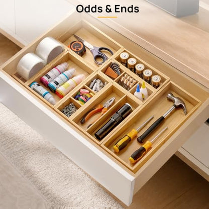 Vtopmart Bamboo Drawer Organizer Boxes - Set of 7 Multi-purpose Wooden Storage Dividers for Kitchen, Bathroom, Office, Desk, Makeup, Jewelry & More, Non-Slip Junk Drawer Organizer Trays for Storage - style: 7 Boxes