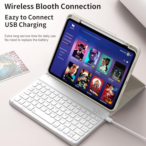 kenke for iPad 11/10th Gen Case with Keyboard 11/10.9 inch 2025 A16/2022, Detachable Wireless Bluetooth Keyboard Case with Bulit-in Pencil Holder, White Square Keycaps (Cream) - color: Cream