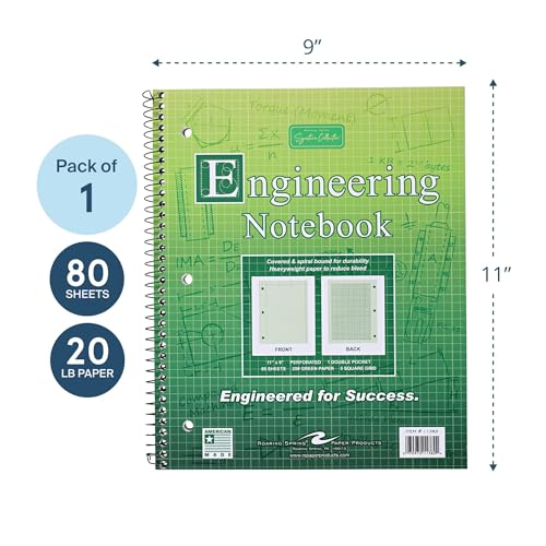 Roaring Spring Graph Ruled Spiral Engineering Notebook, Engineering Graph Paper, 5x5 Enclosed Grid, 8.5" x 11", 80 Perforated Sheets, 3 Hole Punched, Green Tinted Sheets, Made in USA - color: Green Paper, style: Pack of 1